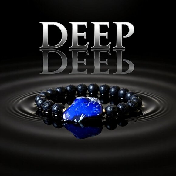 Handmade Other - Blue Sea Sediment Jasper + Lava Beads Bracelet - Large Men's Bracelet 8.5" Wrist